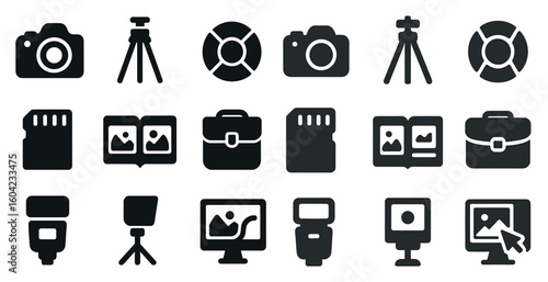 Photography equipment solid icons set – camera, silhouette, gear collection