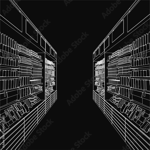 A black and white line drawing of a grocery store displays neatly stocked shelves filled with fresh fruits, crisp vegetables, and packaged goods. Clean contour lines highlight the organized counter.