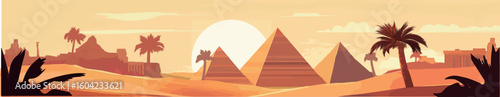 Egyptian Pyramids Desert Sunset Flat Vector Illustration