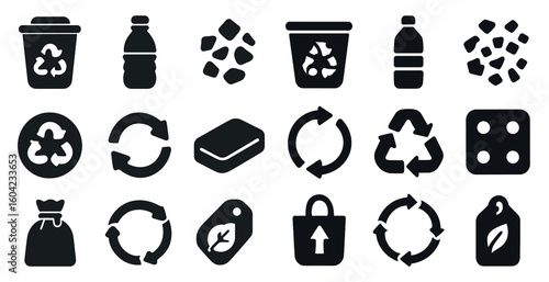 Recycling and waste management solid icons set – trash, garbage, eco-friendly symbols