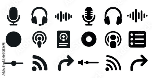 Podcast and media solid icons set – filled, audio, broadcasting symbols
