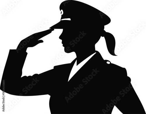 Silhouette of a Woman Saluting in Military Uniform with Hat and Ponytail