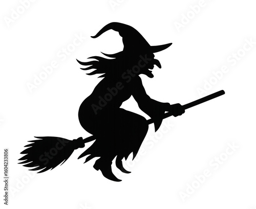 Halloween flying witch silhouette on broom isolated on transparent background.