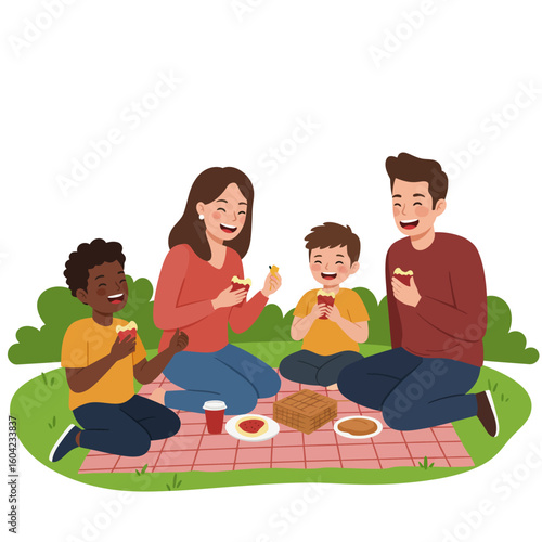 A happy family of four enjoys a picnic on a blanket in a park, eating cake and laughing together.