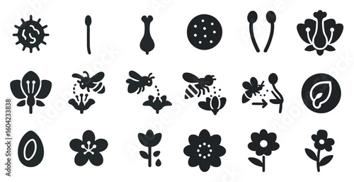 Nature and biology silhouette icons set – solid, filled, environmental and botany symbols