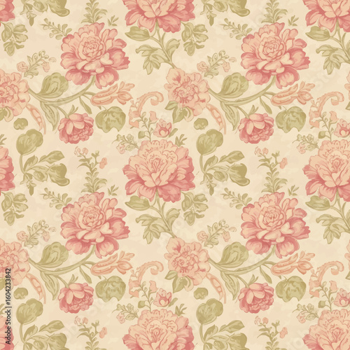 Wallpaper Mural Repeating floral pattern featuring stylized pink roses and green foliage on a cream background. Torontodigital.ca