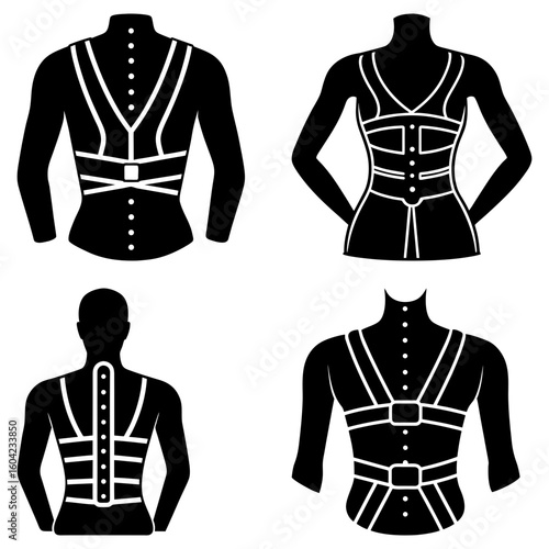 Four illustrations of torsos wearing harnesses with straps and buckle details in black and white color scheme