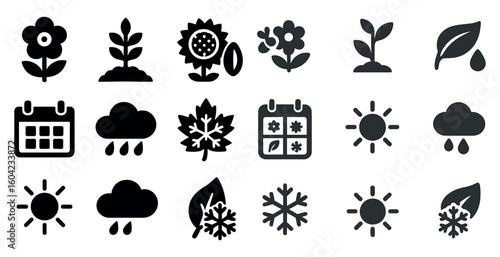 Nature and weather icons set - solid, filled, flora and climate symbols