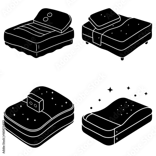 Four different styles of beds are displayed in a collection of black and white isometric illustrations