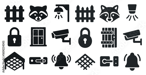 Home security and safety icons set – solid, filled, protection symbols