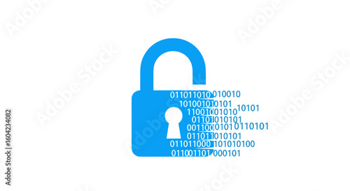 Abstract blue unlocked padlock with binary code flowing from it, isolated on white background.  Ideal for cybersecurity, data protection, and digital privacy concepts, this image symbolizes secure