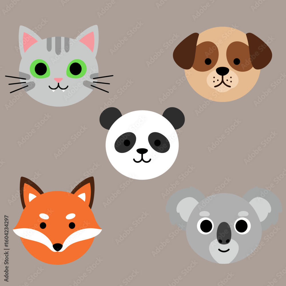 Obraz premium Cute cartoon animal faces, including cat, dog, panda, fox, and koala, arranged on a neutral background.