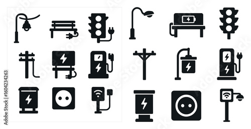 Electric vehicle charging solid icons set – silhouette, filled, sustainable symbols