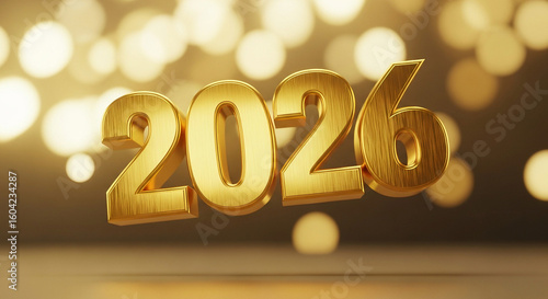 Golden 2026: A luminous representation of the year 2026, rendered in gleaming gold, floating amidst a soft bokeh background.
