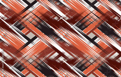 Pattern is quite striking with its angular, abstract brushstrokes and a palette of warm oranges, deep browns, black, and touches of white and grey. used for apparel, home decor, stationery other.