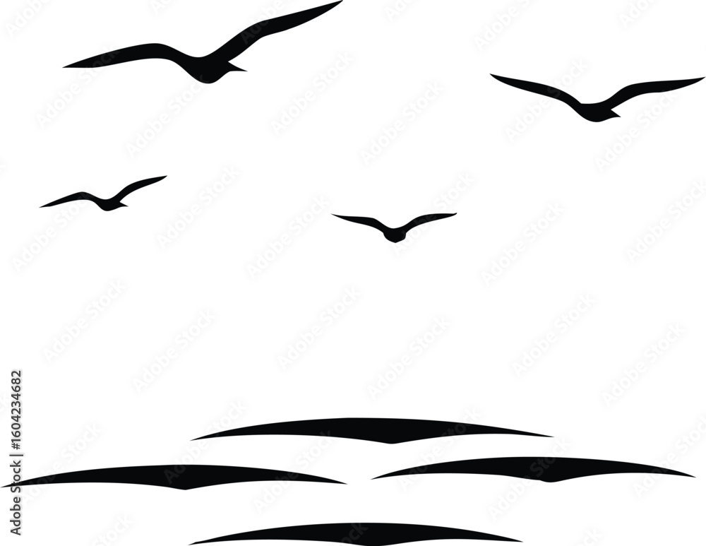 Naklejka premium Silhouette of Birds Flying Above Water on a White Background, Minimalist Illustration