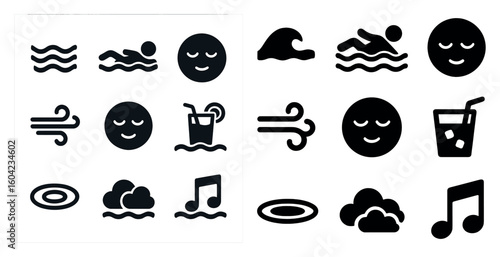Relaxation and leisure solid icons set – filled, flat, calm and peaceful symbols