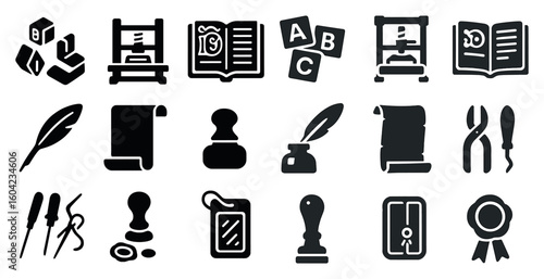 Historical printing solid icons set – classic, retro, publishing symbols
