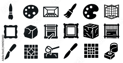 Art and craft silhouette icons set – solid, design, creative tools and supplies