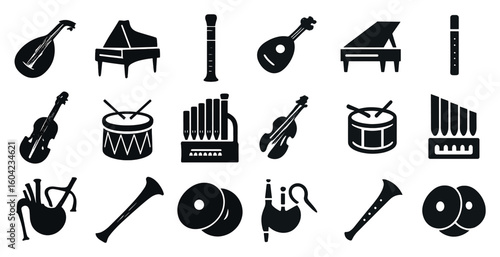 Musical instrument silhouette icons set – solid, filled, orchestra and band symbols