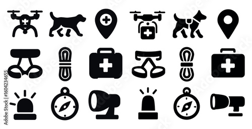 Rescue and emergency silhouette icons set – solid, filled, first aid and safety symbols