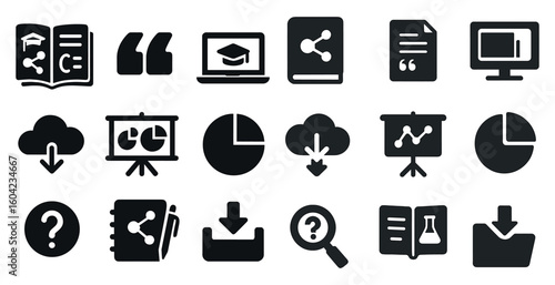 Education and research solid icons set – black, filled, academic and science symbols