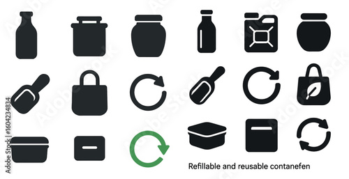 Sustainability solid icons set – recycling, eco-friendly, refillable symbols