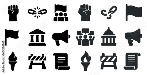 Protest and activism solid icons set – silhouette, filled, demonstration symbols