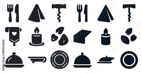 Dining and tableware silhouette icons set – kitchen, culinary, cooking elements