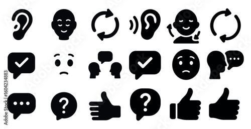 Communication and emotions solid icons set – chat, gesture, expression symbols