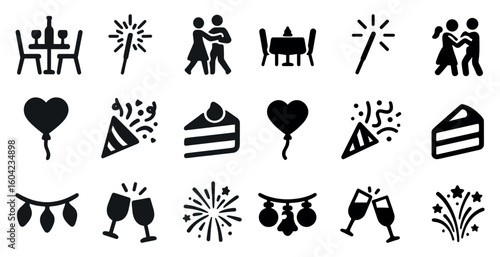 Celebration and party silhouette icons set – solid, filled, festive symbols