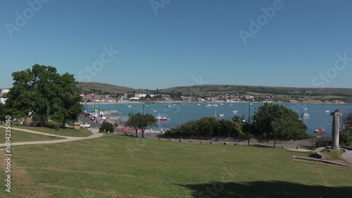 Swanage Bay in Dorset UK from the Downs looking over the town and bay to Ballard Down in the distance
