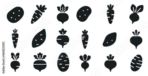 Vegetable silhouette icons set – flat, filled, produce and organic food symbols