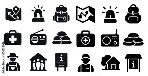 Travel and tourism icons set – silhouette, solid, adventure and sightseeing symbols