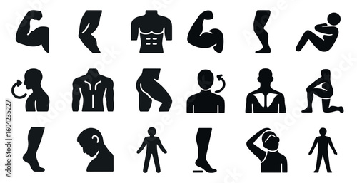 Fitness and exercise silhouette icons set – health, workout, body movement symbols