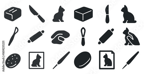 Kitchen and pet solid icons set – filled, culinary and animal symbols