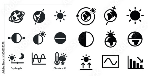 Global and climate shift icons set – silhouette, solid, environment symbols