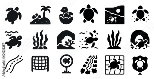 Sea life solid icons set – marine, filled, aquatic symbols for projects