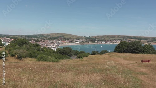 Swanage Bay in Dorset UK from the Downs looking over the town and bay to Ballard Down in the distance