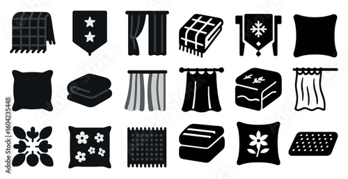 Home decor silhouette icons set – solid, filled, curtains and textile symbols