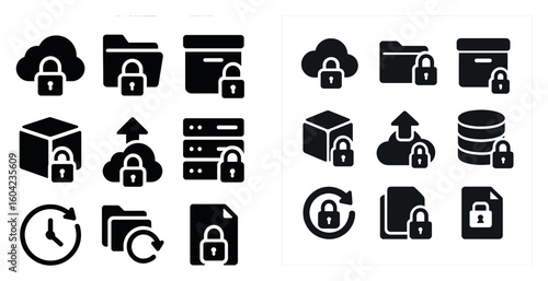 Cloud security and data protection solid icons set – filled, storage, privacy symbols