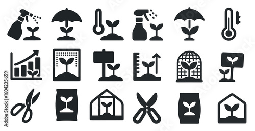 Gardening and plant care solid icons set – filled, silhouette, home and garden symbols