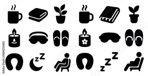 Relaxation and comfort solid icons set – filled, wellness, spa symbols