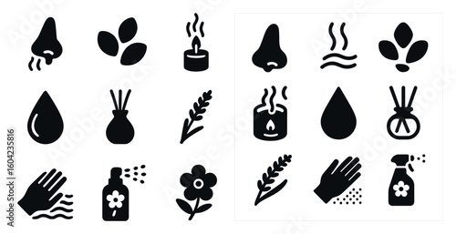 Aromatherapy and wellness solid icons set – silhouette, filled, spa and relaxation symbols