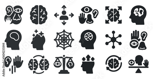 Psychology and mind solid icons set – flat, filled, cognitive and neural symbols