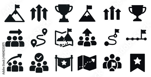 Leadership and success solid icons set – flat, filled, goal achievement symbols