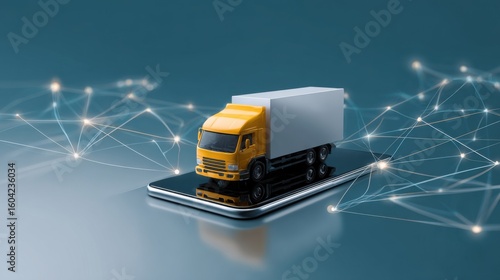3D rendering of a yellow truck on a smartphone with a network connection, against a blue background. This digital technology concept represents online delivery and logistics services. 