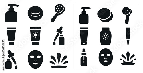 Skincare silhouette icons set – beauty, hygiene, personal care symbols