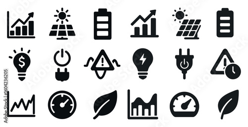 Energy and sustainability icons set – solid, filled, power and green technology symbols