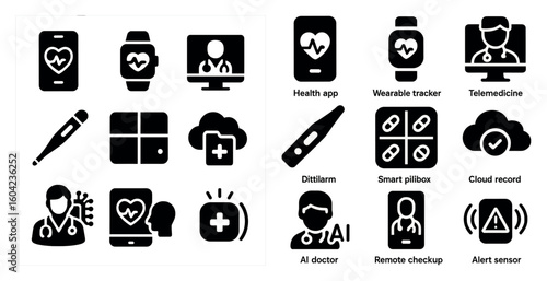 Healthcare and medical icons set – solid, filled, telemedicine and wellness symbols